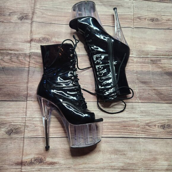 Pleaser Adore Black Clear Open Toe Lace Up platform Boots - Picture 2 of 10
